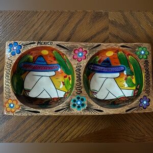 Vintage Mexican Lacquered hand painted Wooden Double Basin Serving Bowl